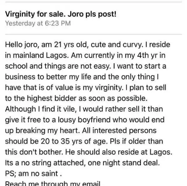 Economic Recession: Lagos Girl Puts Her Virginity on Sale Via Social Media